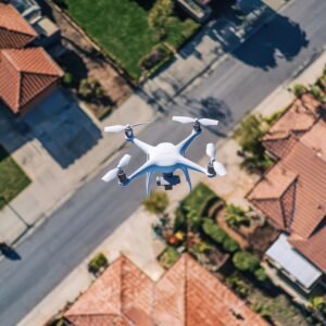 Imagen de Drone Capturing Aerial Views Rooftops Residential Area Emphasizing Perspective From
